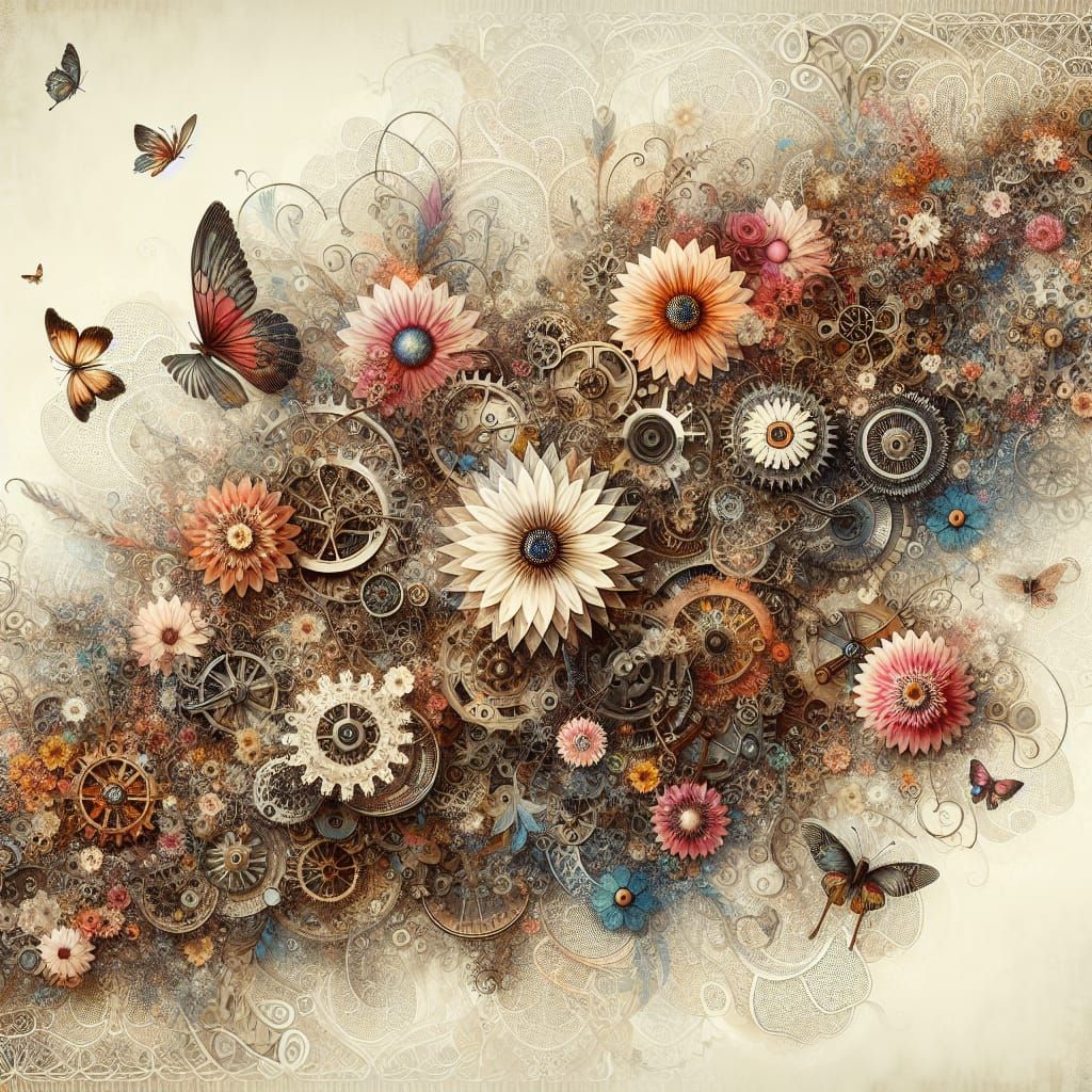 Steampunk Folk Art with Flowers and Butterflies