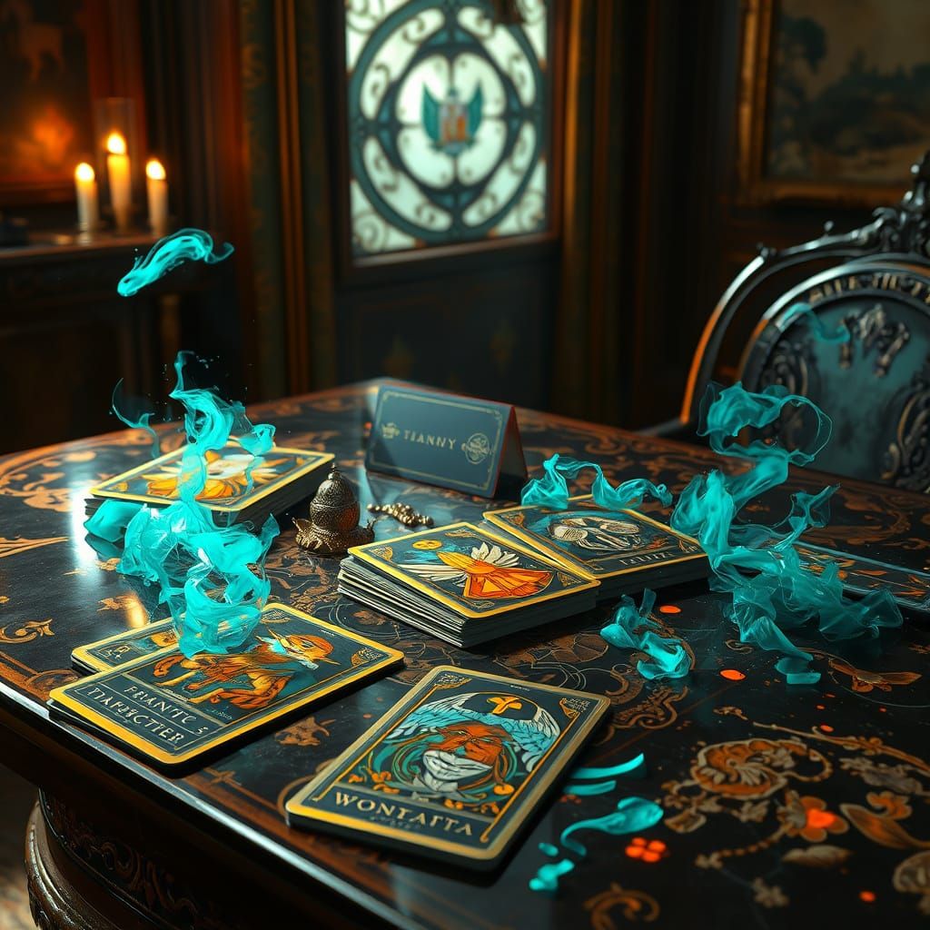 Detailed Tarot Card Art in Orange and Teal