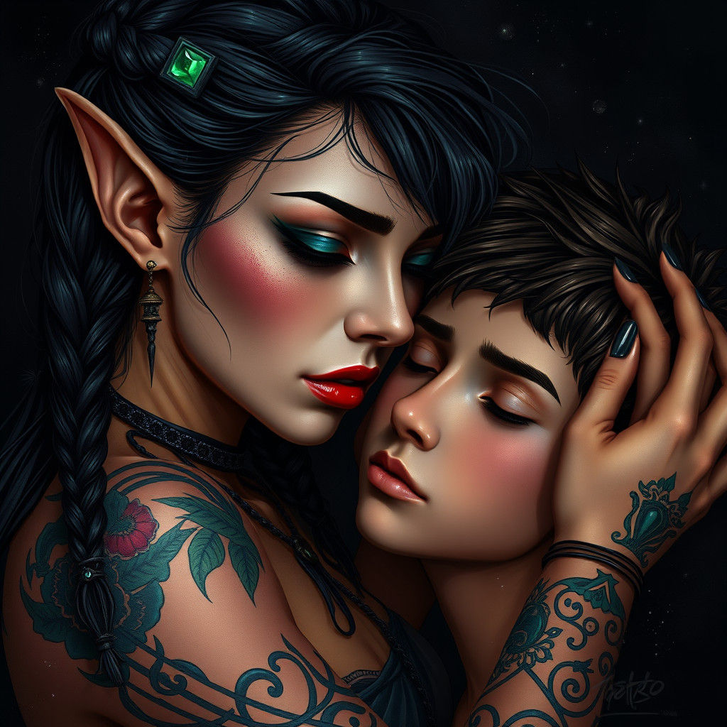 Dark Elf Kiss in High-Fantasy Style