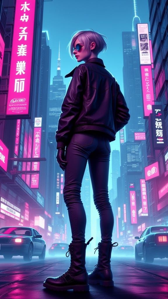 Cyberpunk Woman in Futuristic Cityscape with Neon Lights