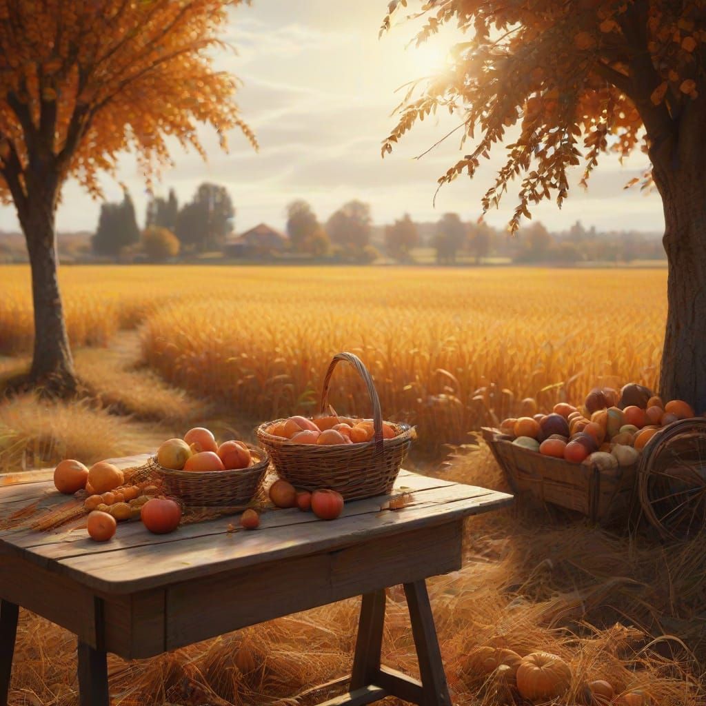 Autumn Harvest Scene in Golden Wheat Field
