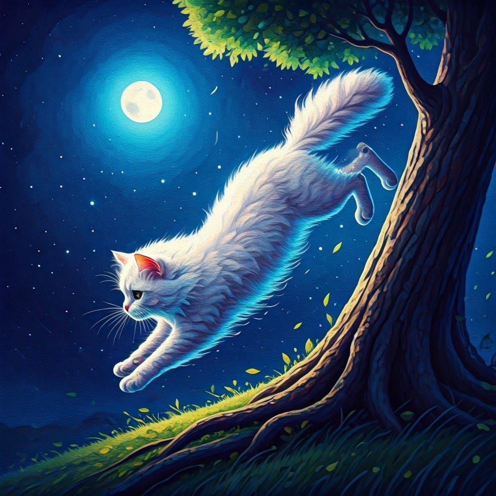 Elegant Cat Dives Under Starry Night Sky