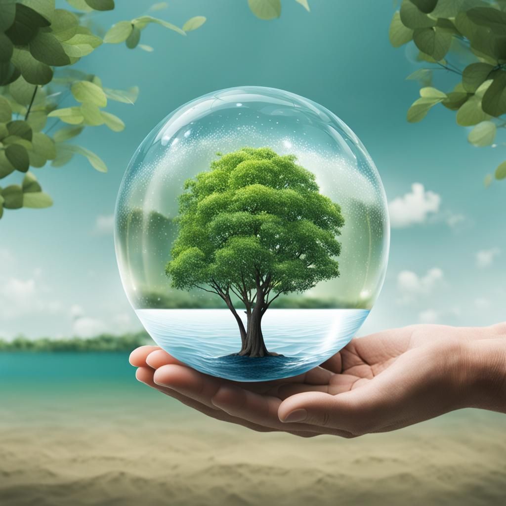 Tree in Water Bubble on Hand: Surreal Image