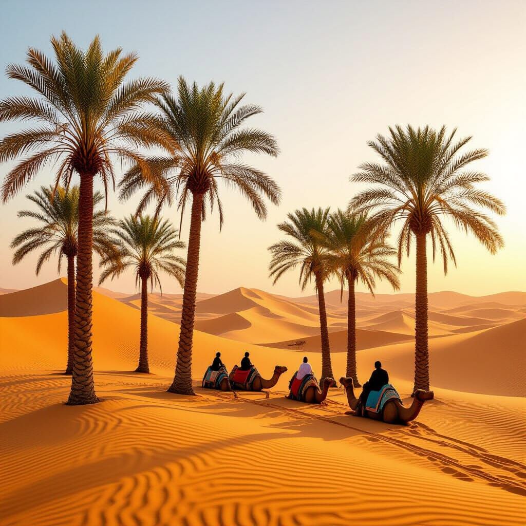 Sahara Oasis Camel Caravan at Sunset