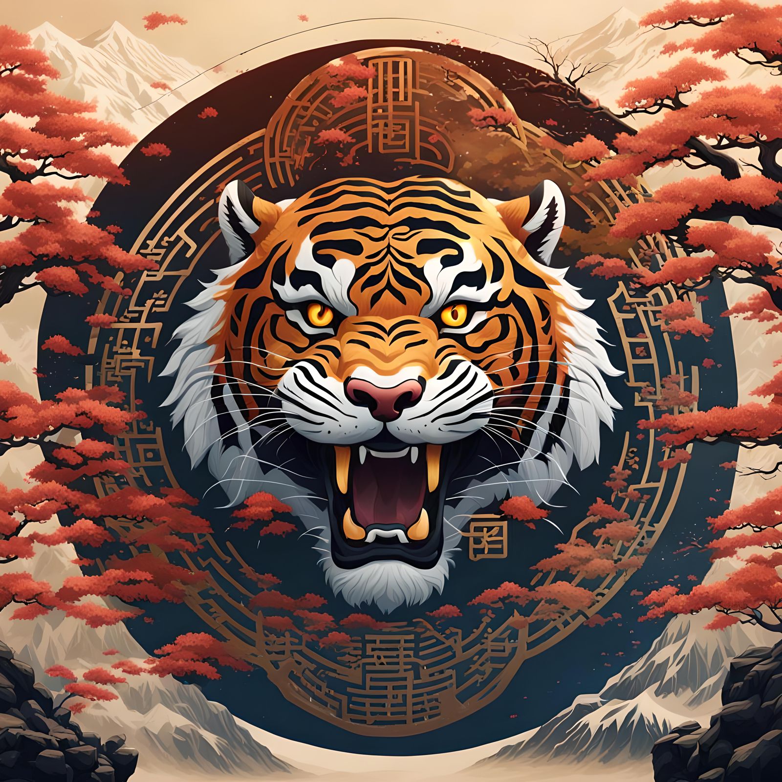 Roaring Tiger in Japanese Kamon Style