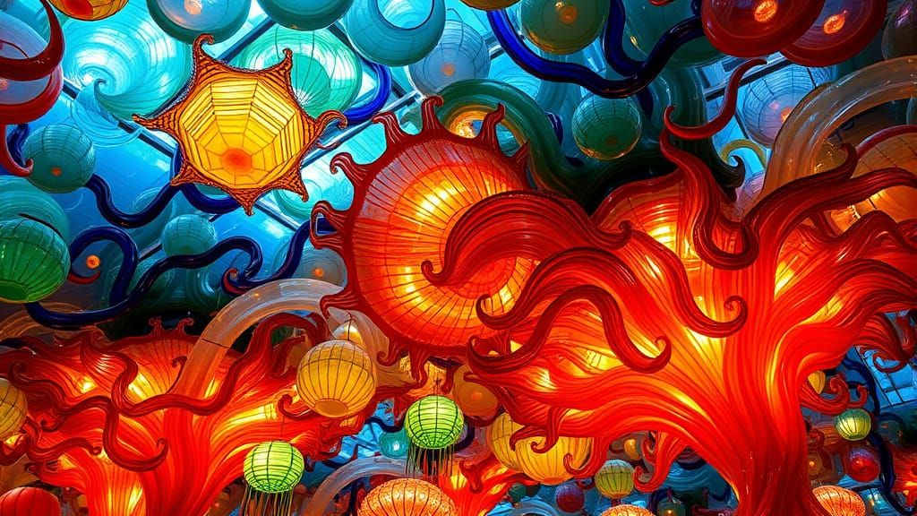 Surreal Glass Art Ceiling Installation in Vibrant Colors