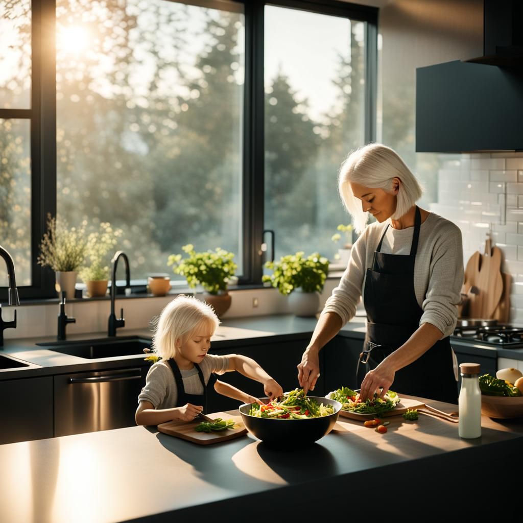 Woman and Child Cooking in Sunlit Modern Kitchen