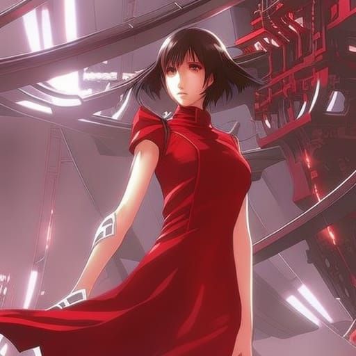 Cyberpunk Battle Girl in Red Dress