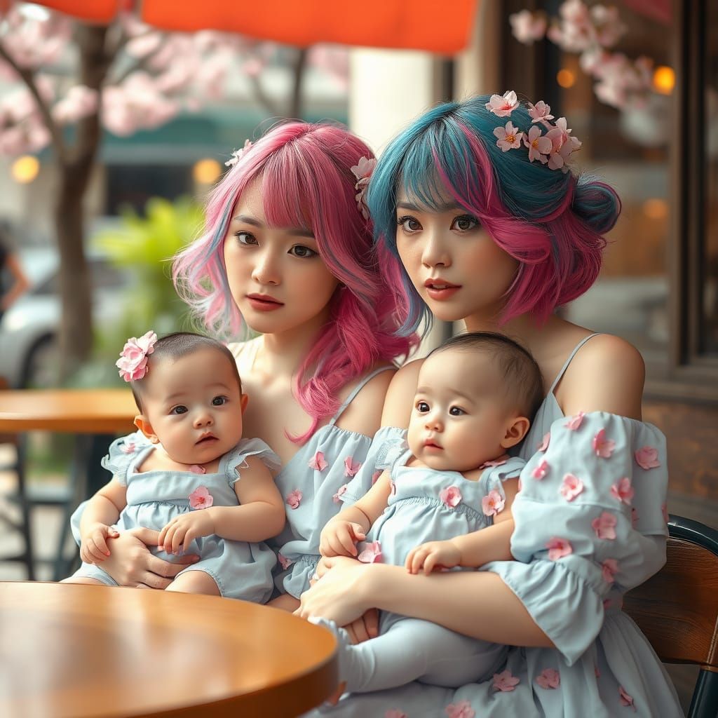 Women in a Dreamy Cafe Scene with Vibrant Hair and Cherry Bl...