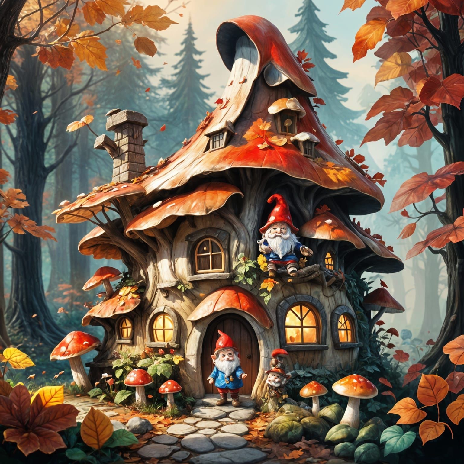 Charming Gnome Home Amidst Giant Autumn Leaves