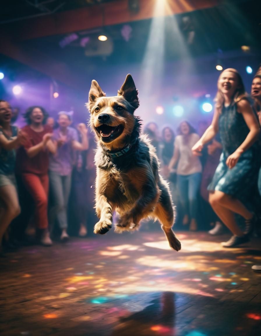 Dog's Joyful Dance-Off: Vibrant Cinematic Film Still