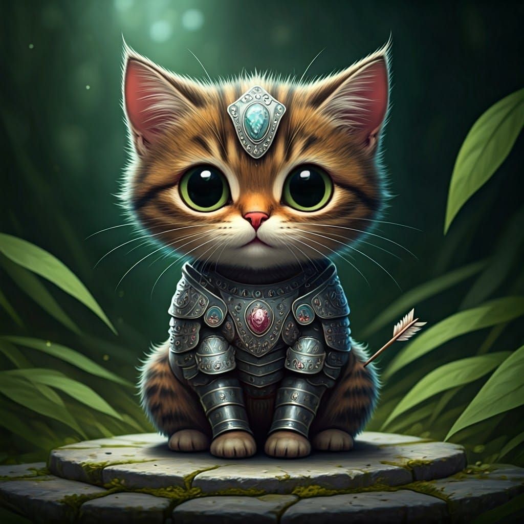 Armored Cat with Arrow, Whimsical Fantasy Art