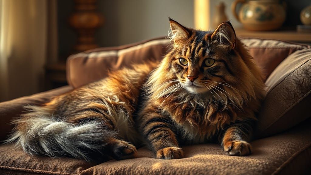 Impressionist Norwegian Forest Cat in Warm Golden Light