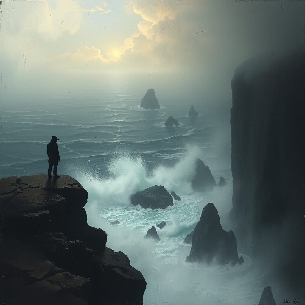 Somber Figure on Desolate Cliffside