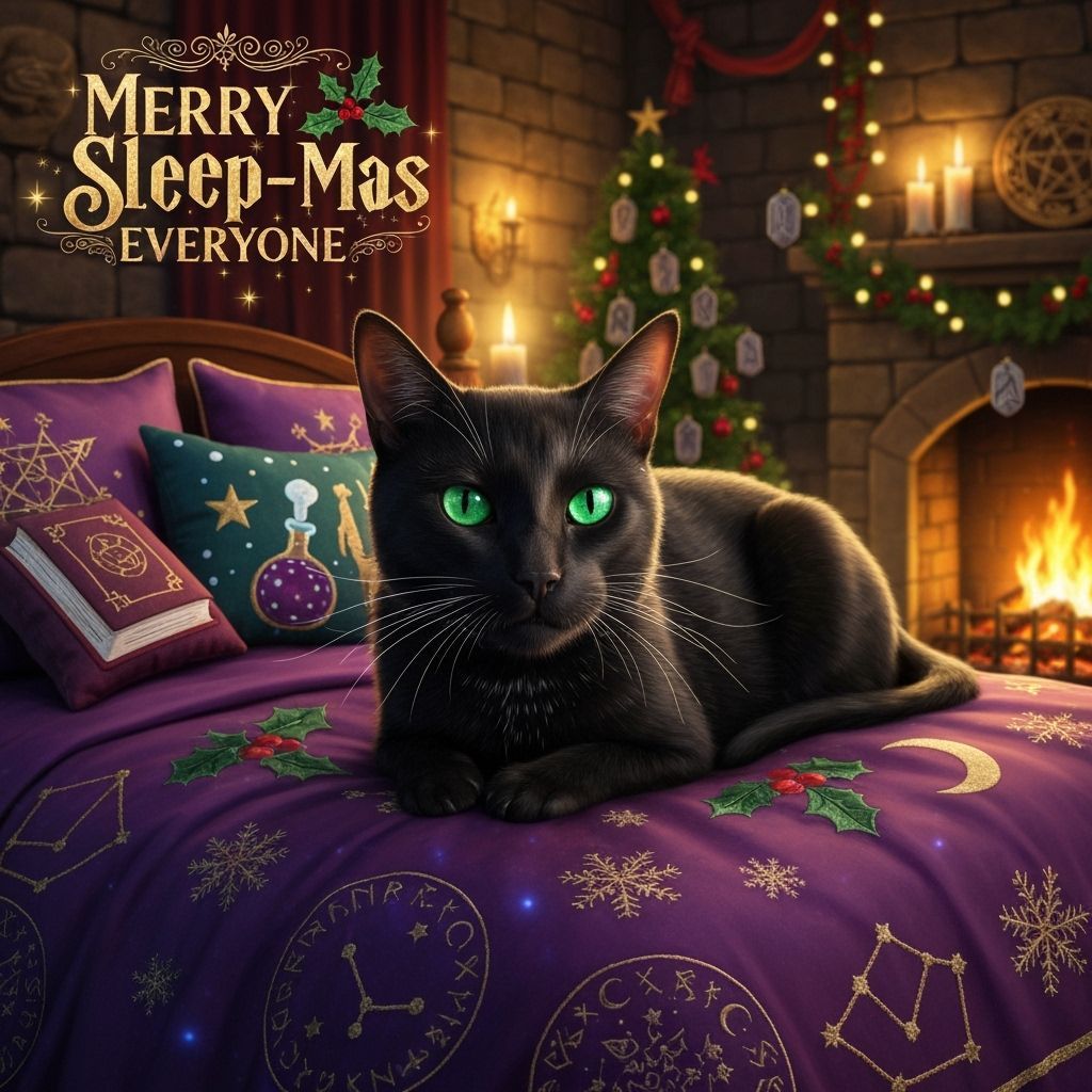 Cozy Black Cat on Enchanted Medieval Bed