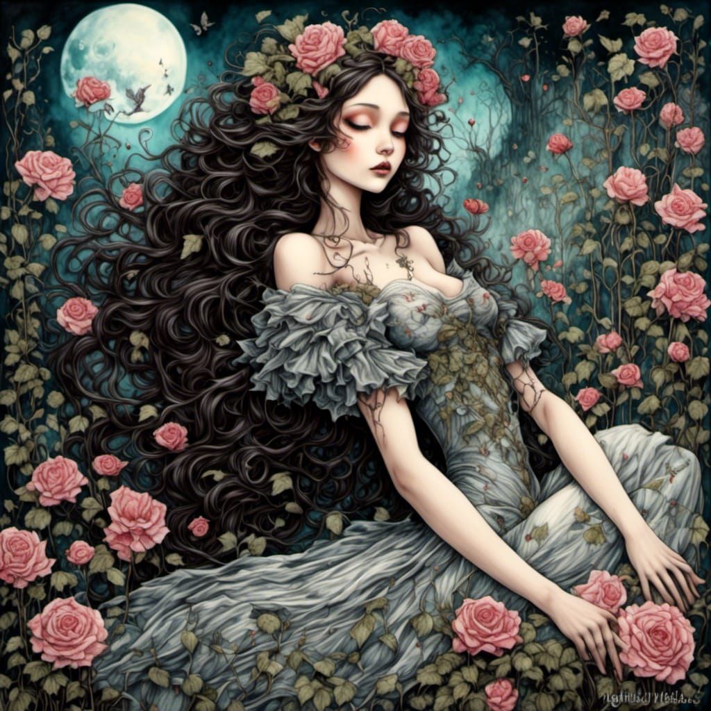 Victorian Woman Lounging in Lush Rose Garden