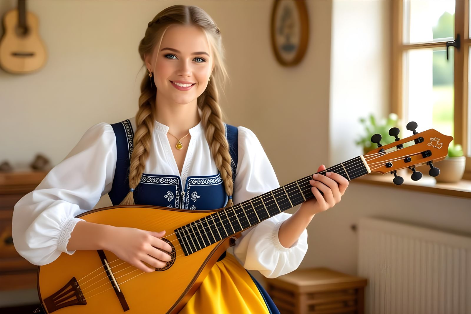 Swedish Woman Plays Nyckelharpa in Traditional Style