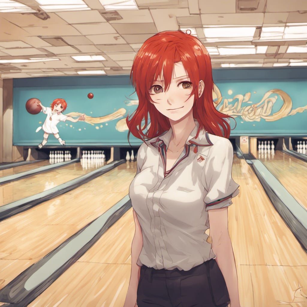 Redhead Woman Bowling in Anime Style