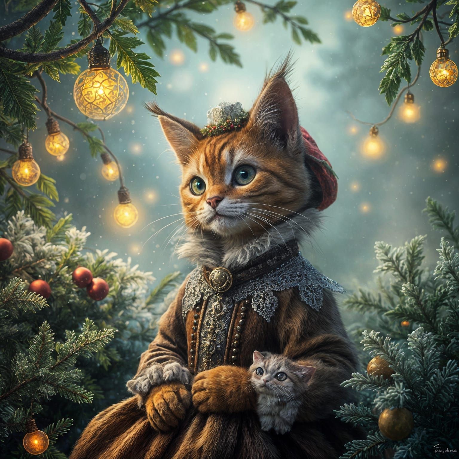 Whimsical Christmas Scene with Feline Figure in Ethereal Fan...
