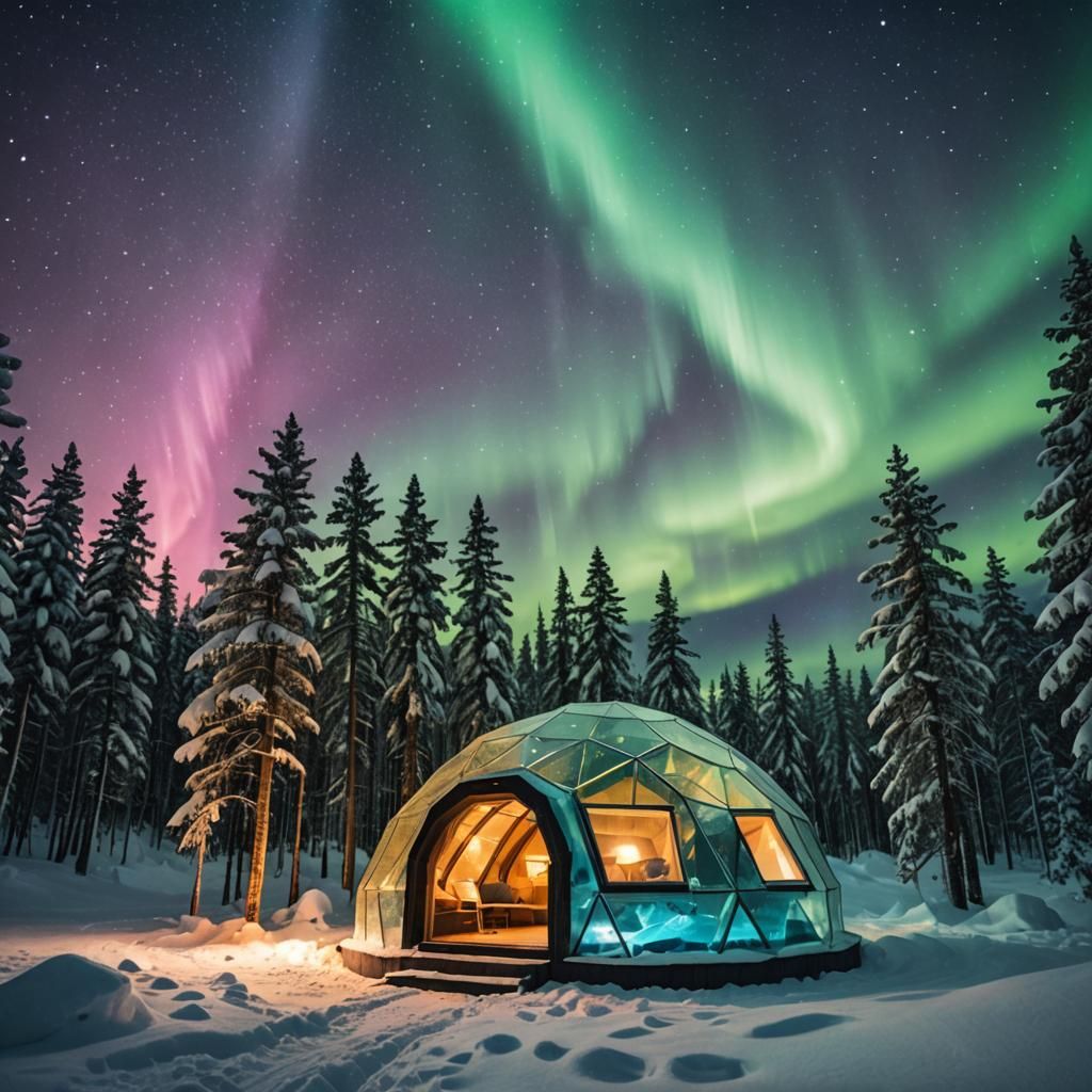 Glass Igloo Under Aurora Borealis in Alpine Forest