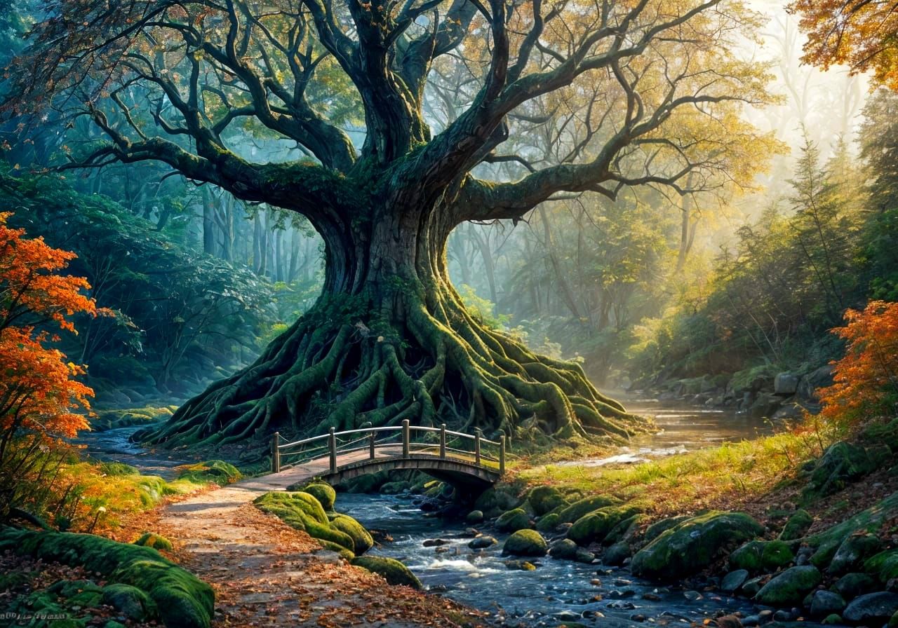 A sprawling tree with gnarled roots