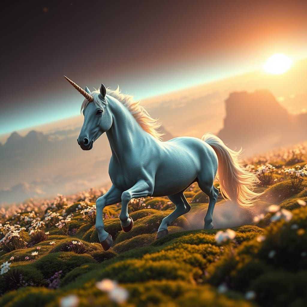 Unicorn Galloping Through Alien Flower Field