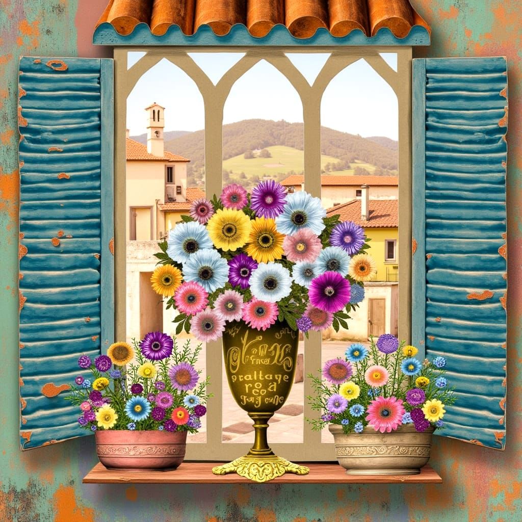 Romantic Crystal Vase with Mediterranean Floral Bouquet in E...