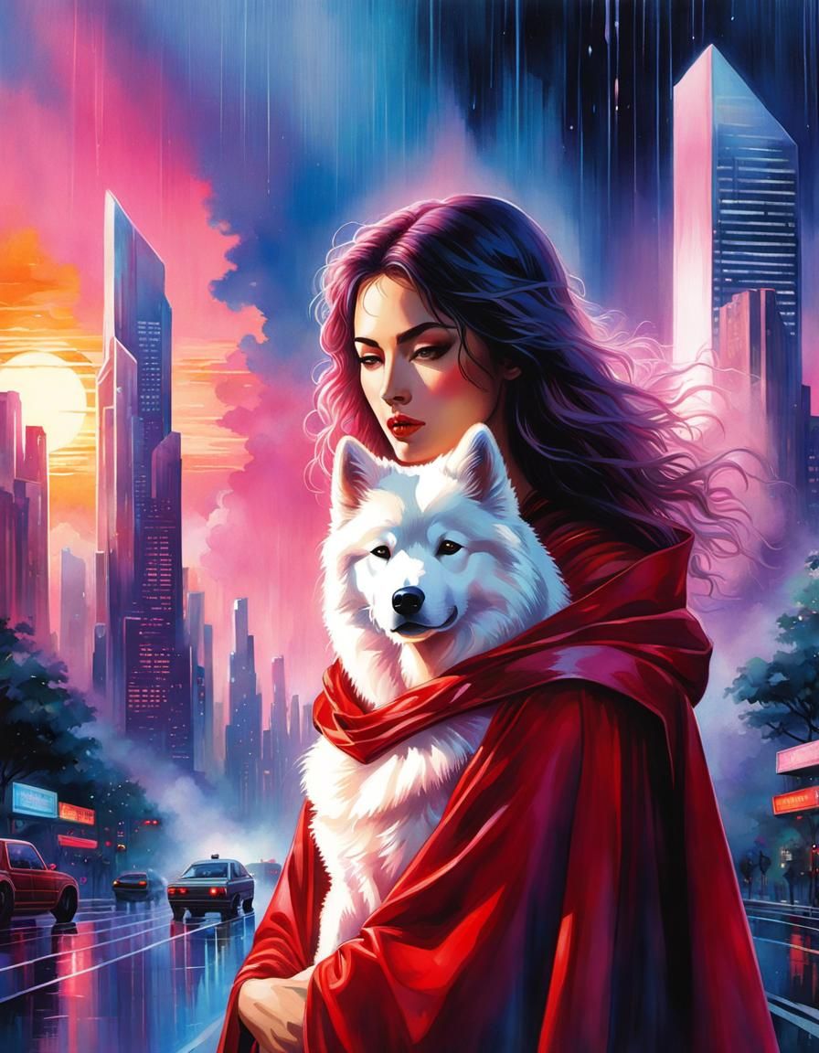 Little Red Riding Hood in Vaporwave Cityscape