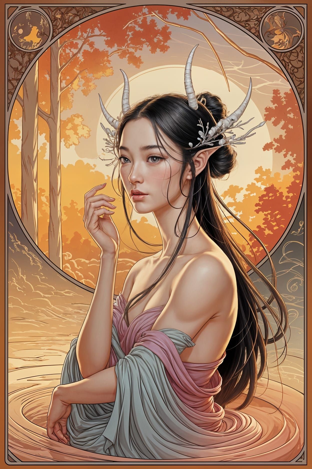 Art Nouveau Asian Figure in Golden Sunset Light