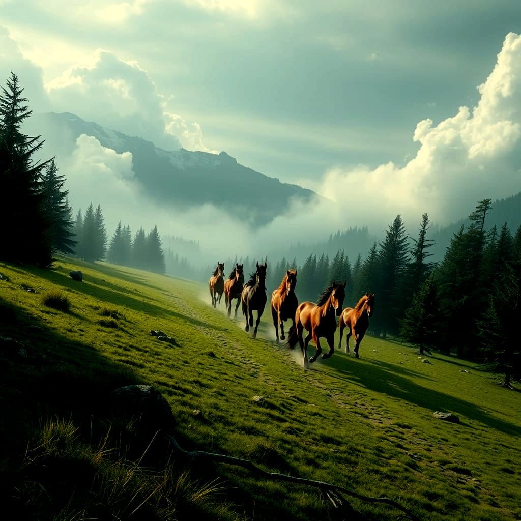 Epic Green Landscape with Horses: Digital Matte Painting