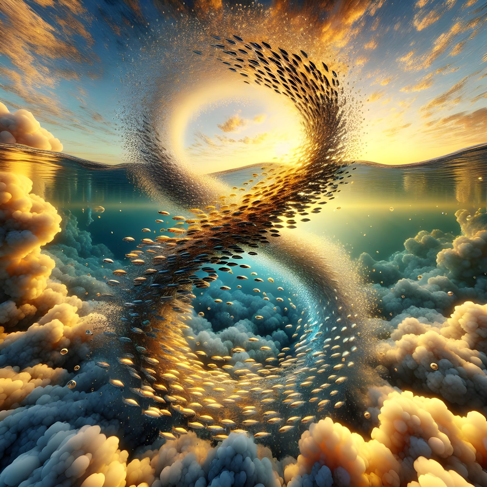 Ethereal 8-Shaped Fish Formation in Golden Light