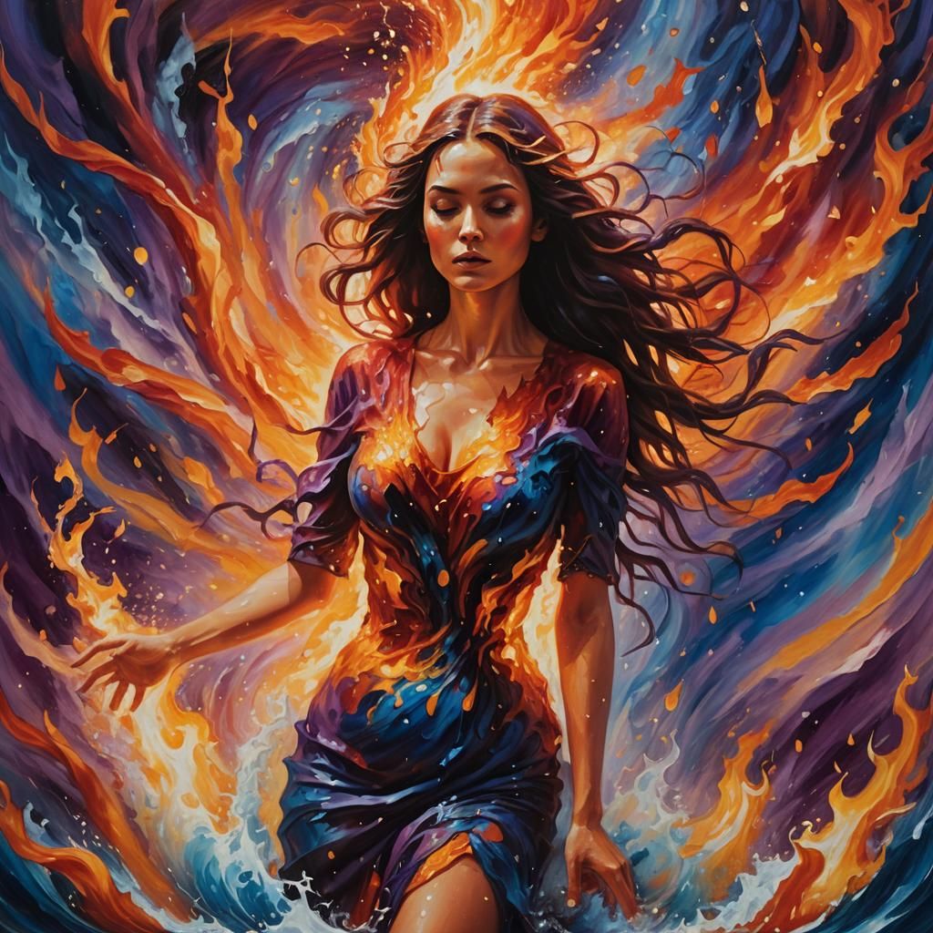 Surreal Woman in Fire and Water Vortex