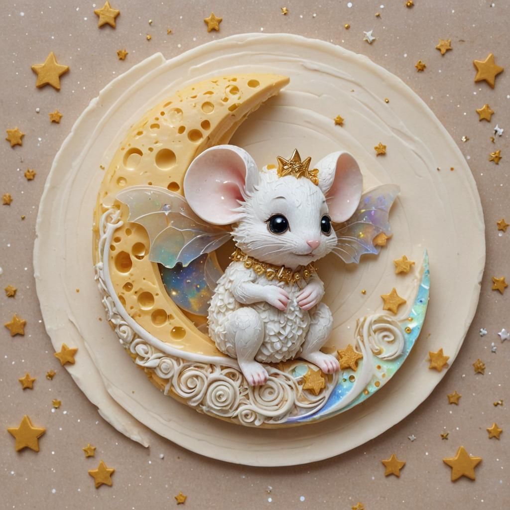 Chibi Mouse on Cheese Moon with Magic