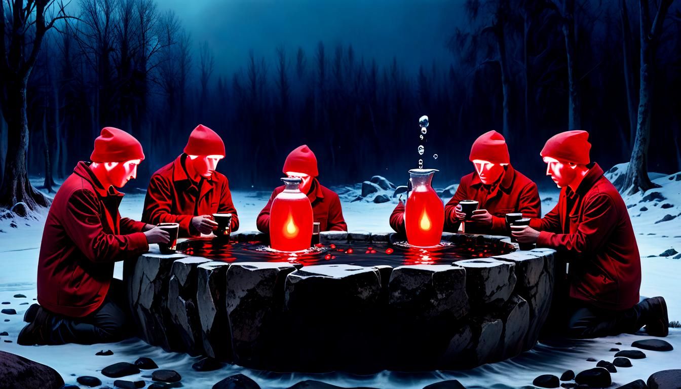 Winter Boys Drinking: A Surreal Scene in Red Light