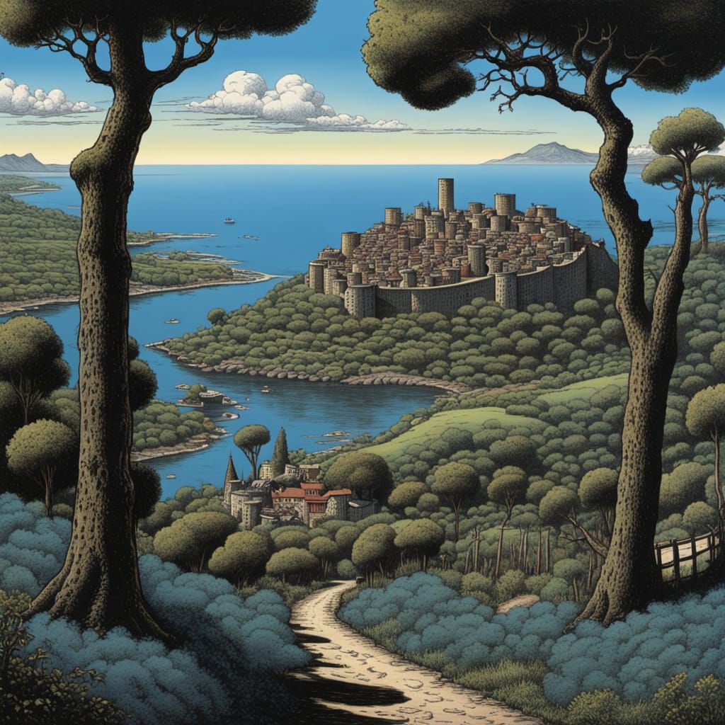 Psychedelic Blues Landscape in a Robert Crumb-Inspired Style