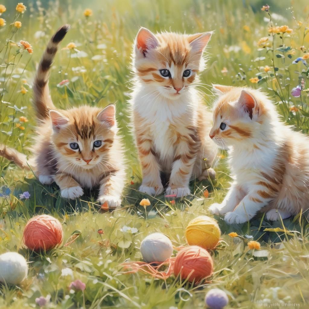 Kittens Playing in Meadow: Whimsical Watercolor