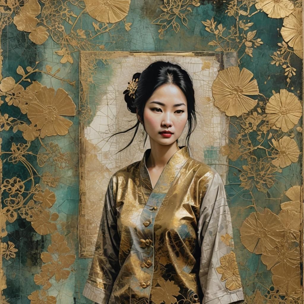 Mixed Media Encaustic Painting of Asian Woman