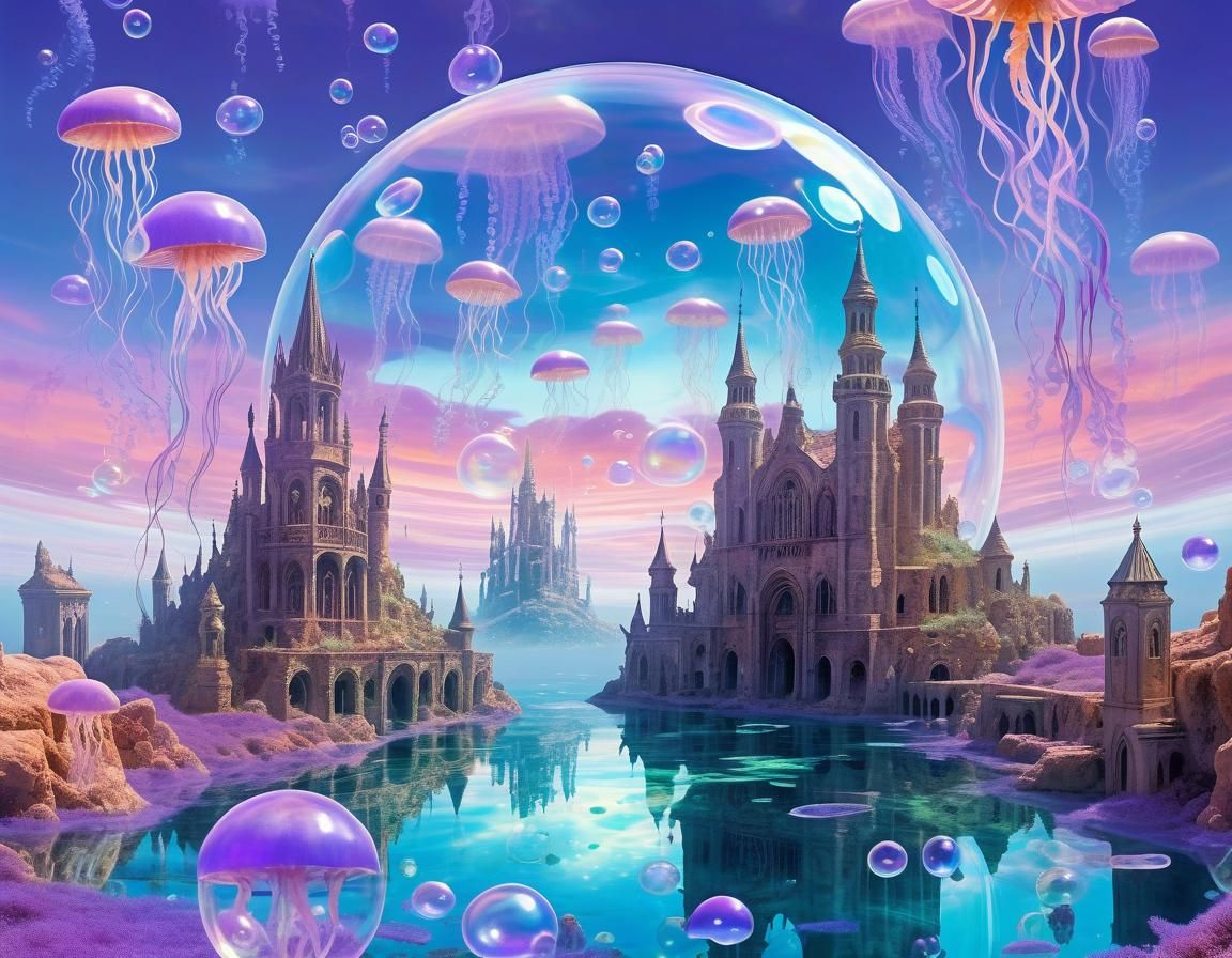 Surreal Sunken City with Human-Faced Fish