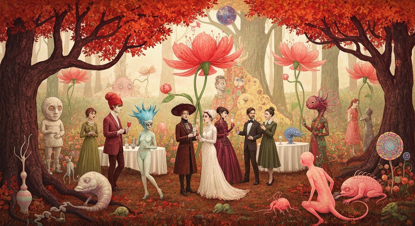 Surreal Garden Party with Bioluminescent Flowers