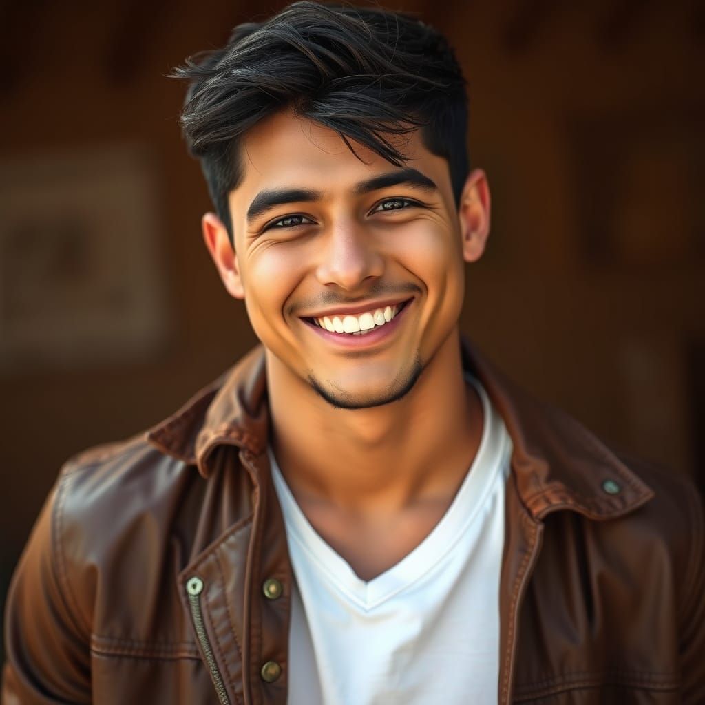Young Latino Man with Warm Smile in Moody Lighting