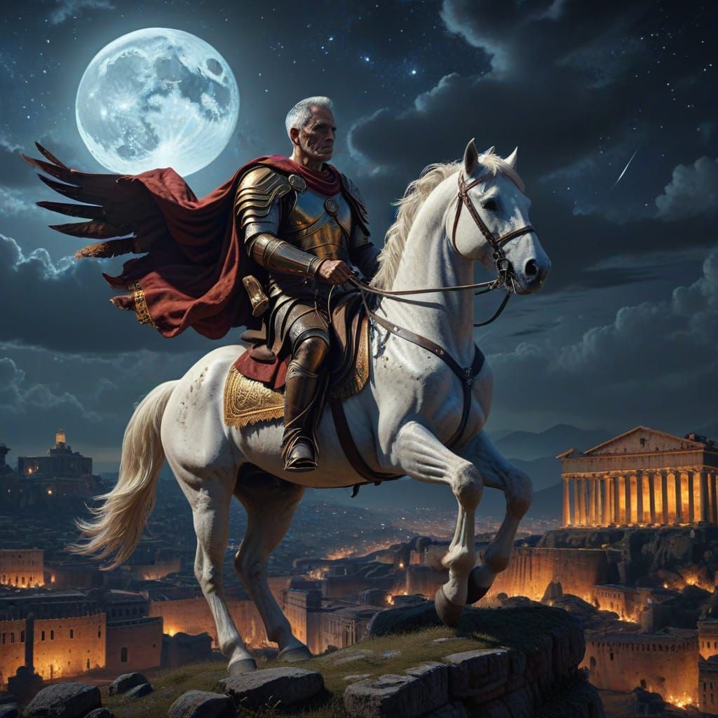 Julius Caesar Observing Rome from Hills in Starry Night