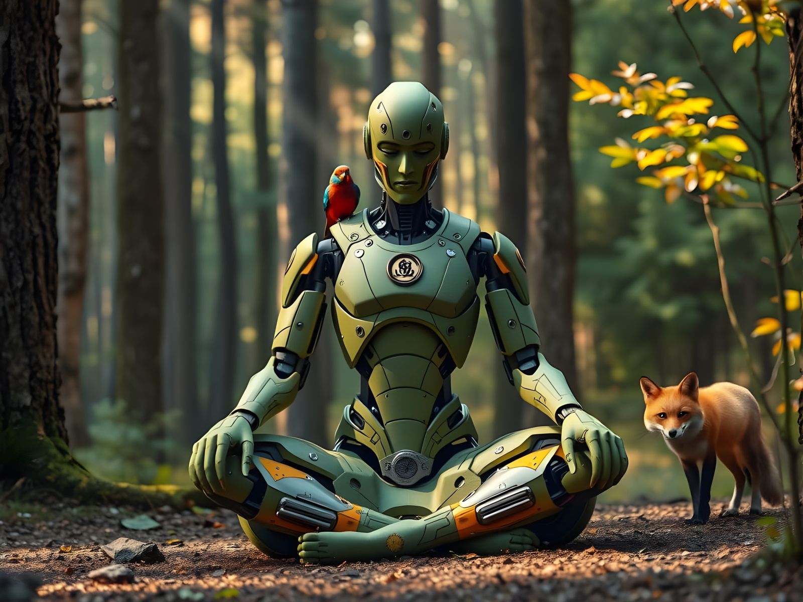 Enlightened Robot Guru in Deciduous Forest