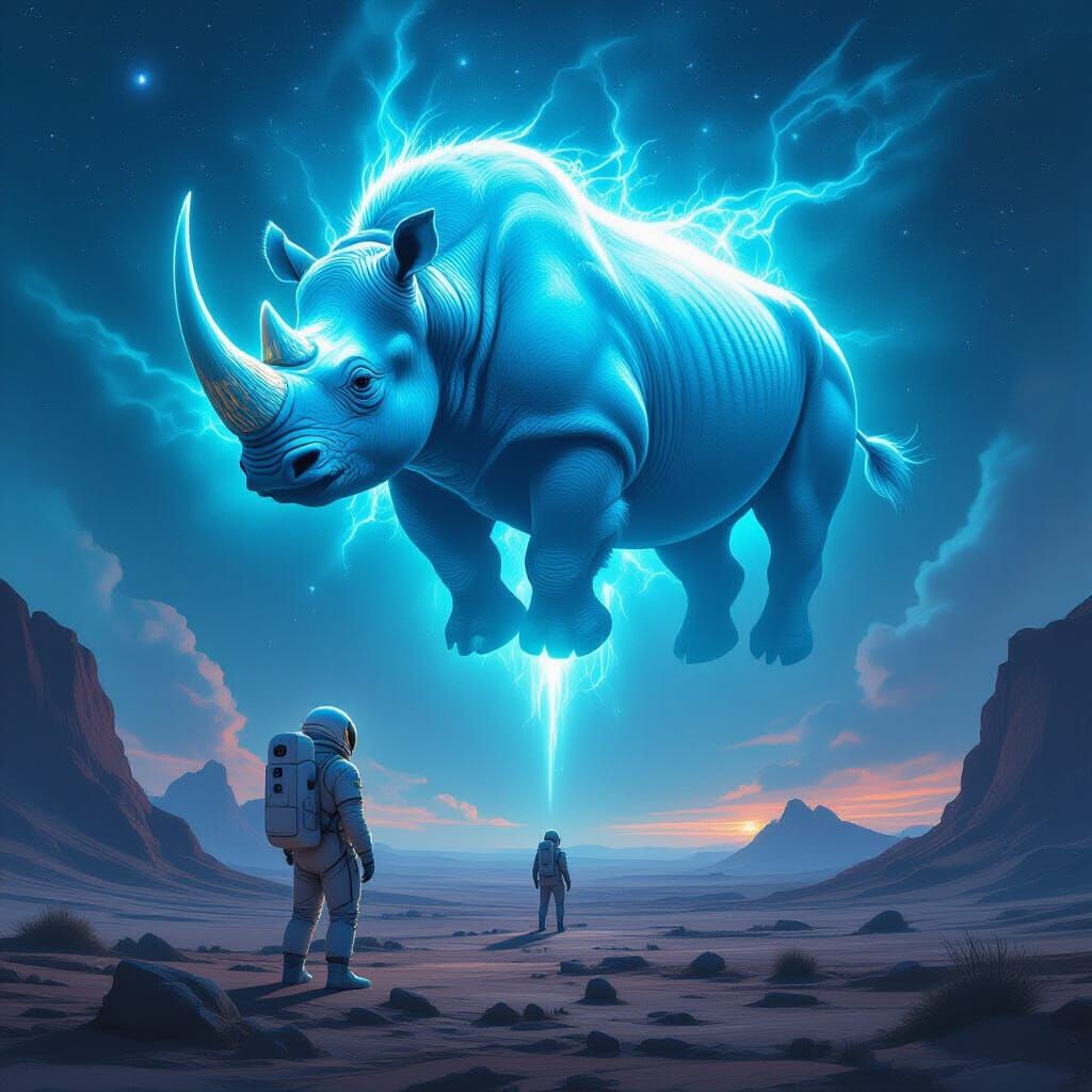 Astronaut and Bioluminescent Rhino on Alien Planet