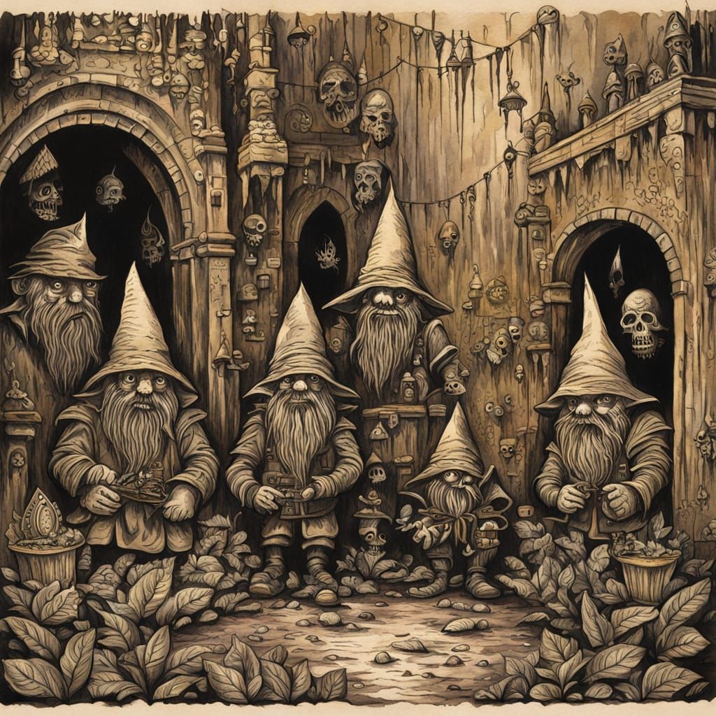 Gothic Sepia Splendour: Mysterious Gnomes in Abandoned Crypt