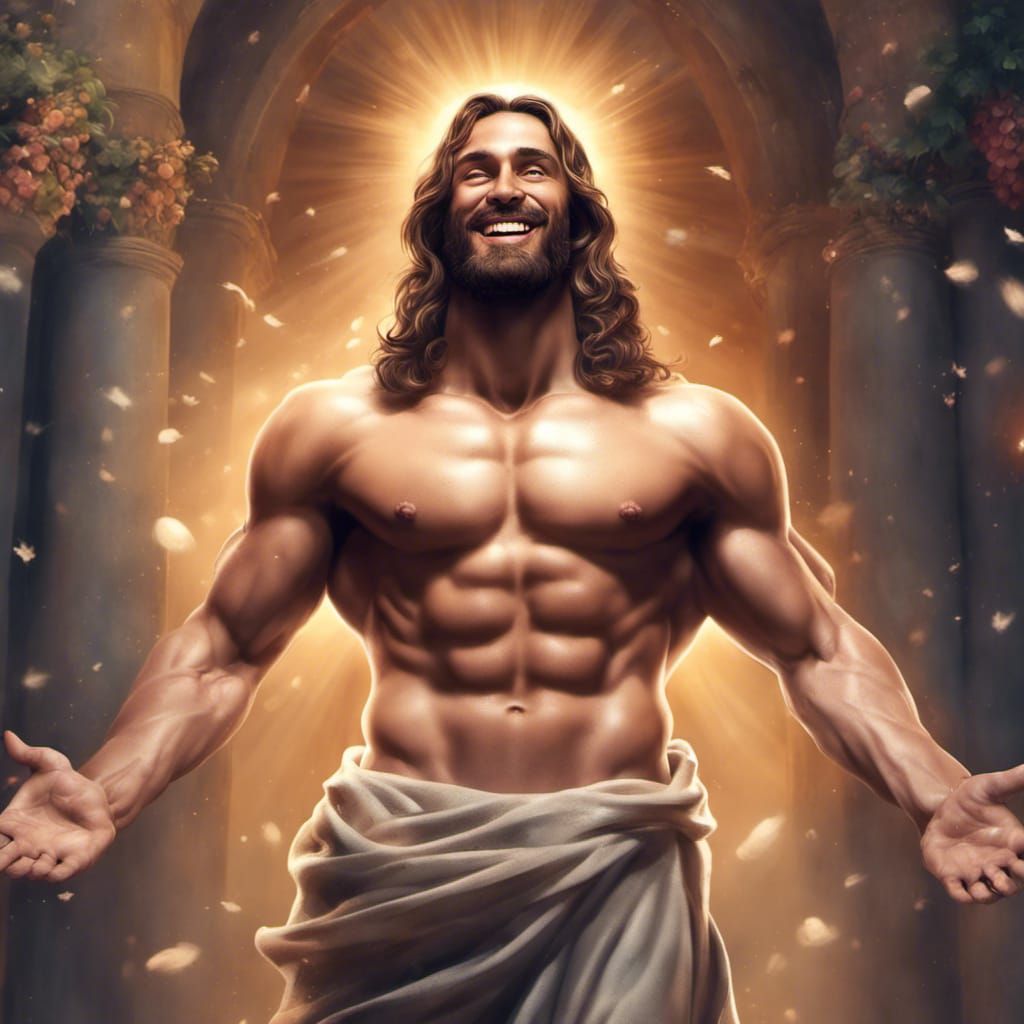 Muscular Jesus Christ Smiling in Divine Paradise: Photoreali...