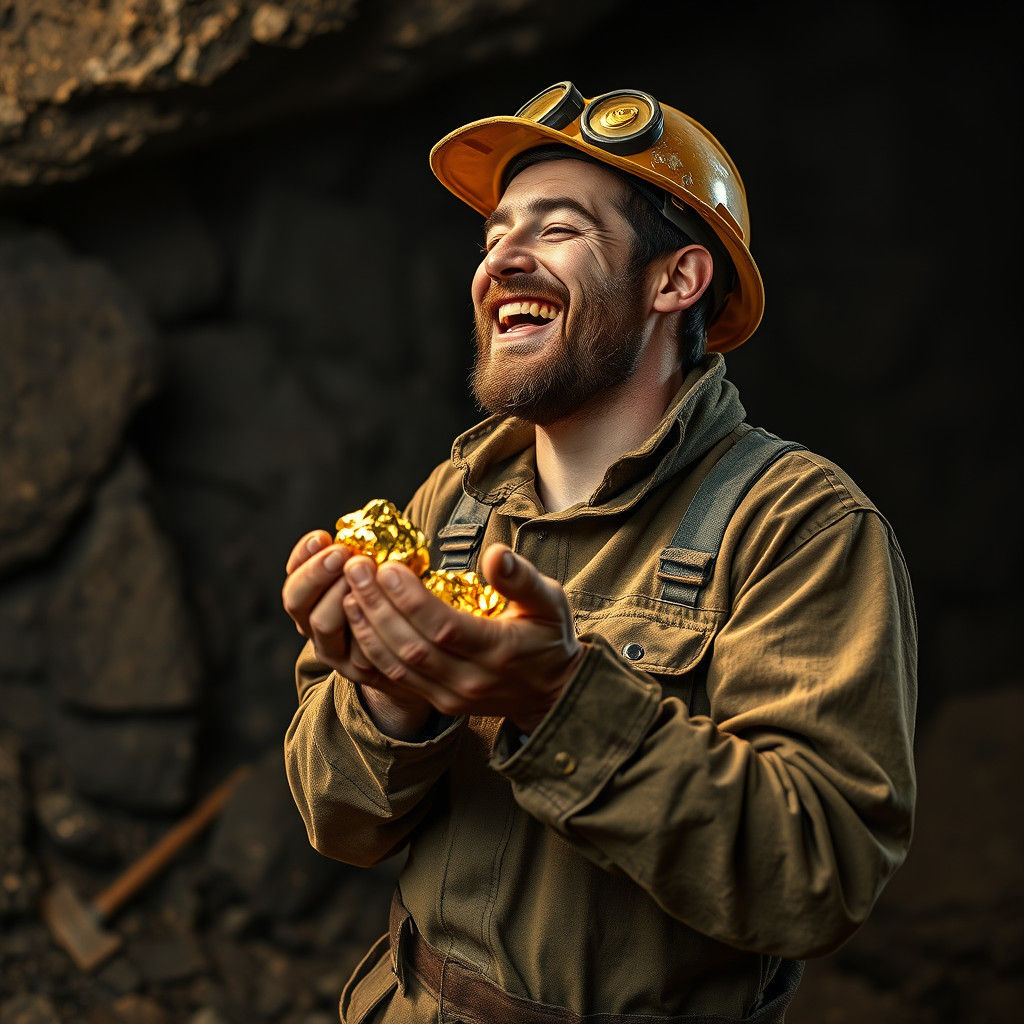 Joyful Miner Discovers Gold in Dark Mine
