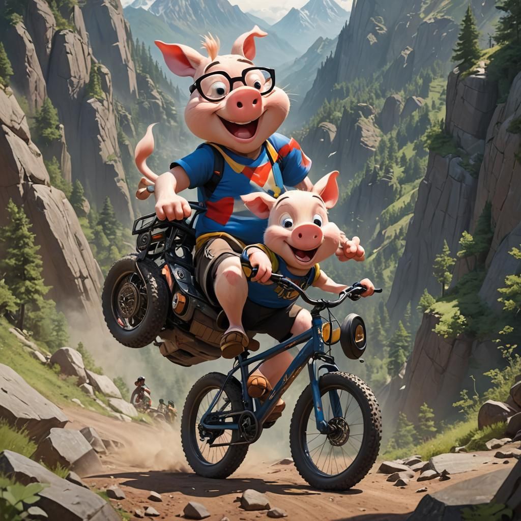 Porky Pig Rides a Mountain Bike in 3D Anime Art