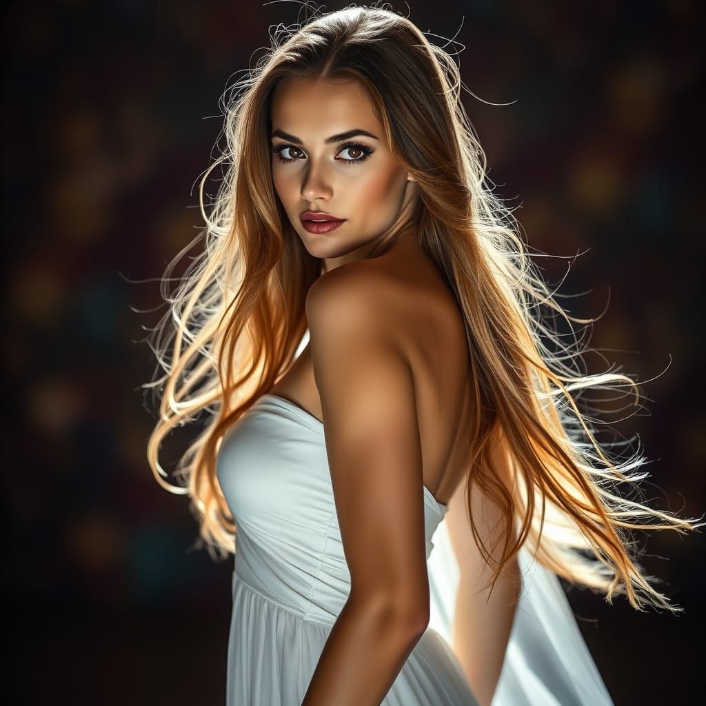 Ethereal Goddess in Golden-Hued Gown