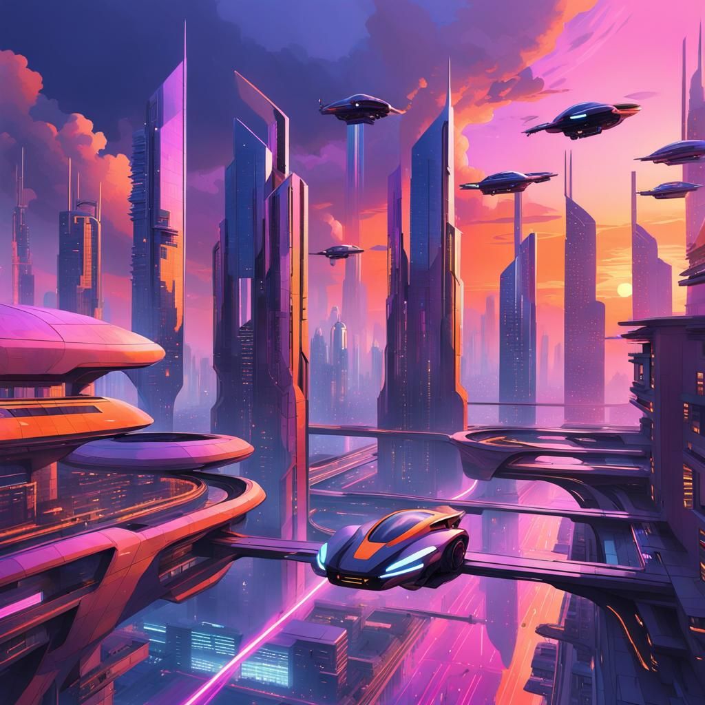Cyberpunk Cityscape at Sunset with Flying Cars