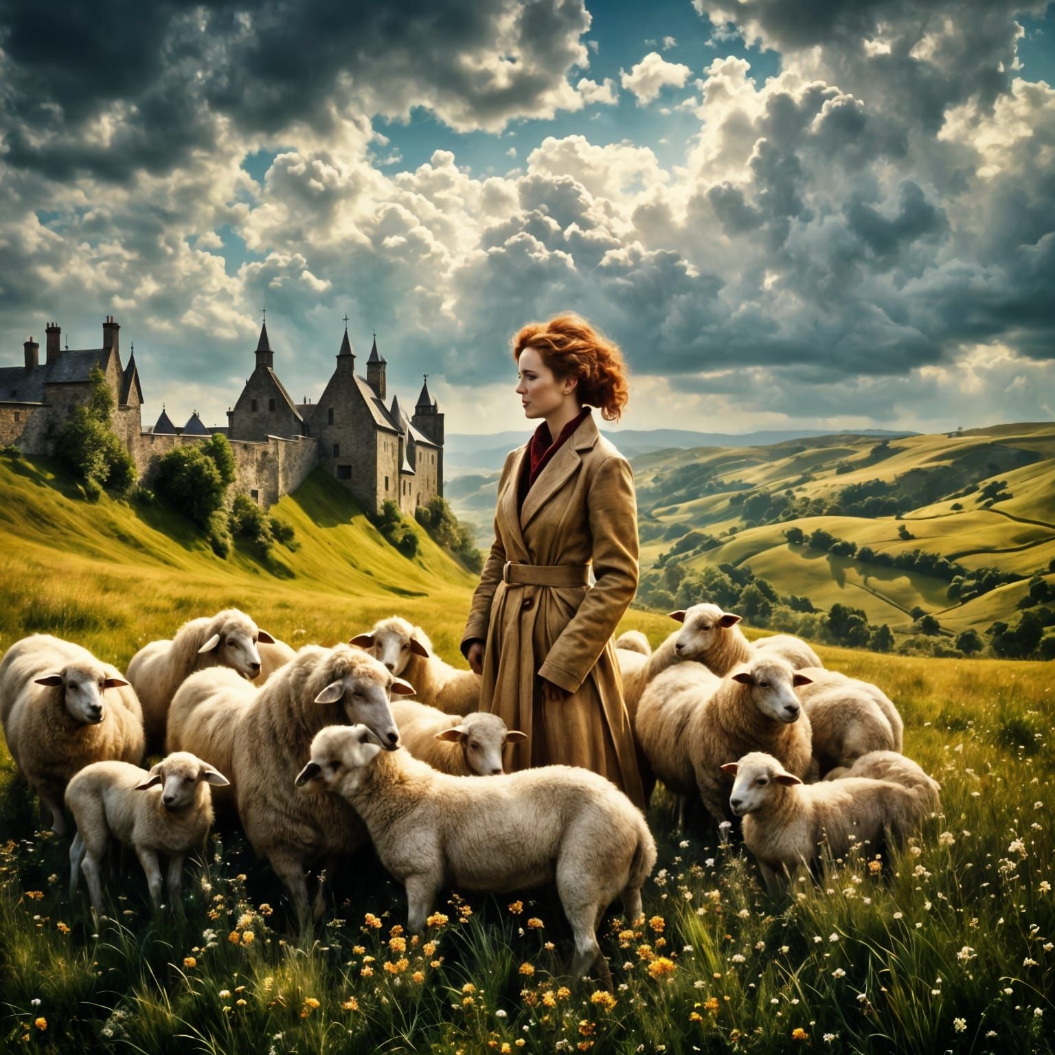 Maureen O'hara-Inspired Irish Shepherdess in Vibrant Country...